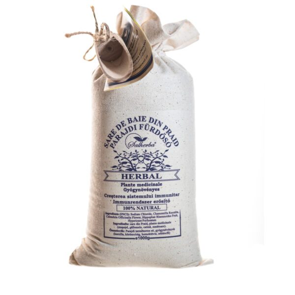 Sare de baie din Praid HERBAL cu plante medicinale pentru creșterea sistemului imunitar 1Kg în sac textil și lingură din lemn cadou