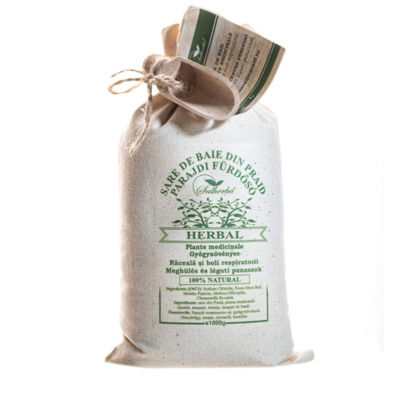 Sare de baie din Praid HERBAL cu plante medicinale pentru răceală și boli respiratorii -1Kg- în sac textil și lingură din lemn cadou