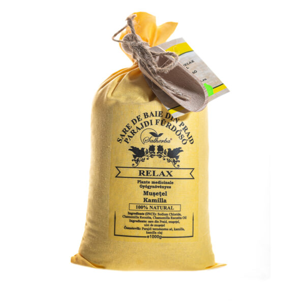 Sare de baie din Praid RELAX cu plante medicinale - Mușețel 1Kg în sac textil și lingură din lemn cadou