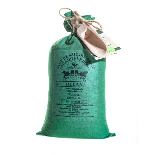 Sare de baie din Praid RELAX cu plante medicinale - Roinita- 1Kg- sac textil+lingură din lemn cadou