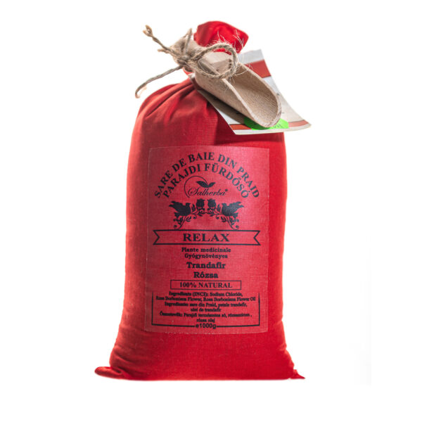 Sare de baie din Praid RELAX cu plante medicinale - Trandafir - 1Kg- sac textil + lingură din lemn cadou